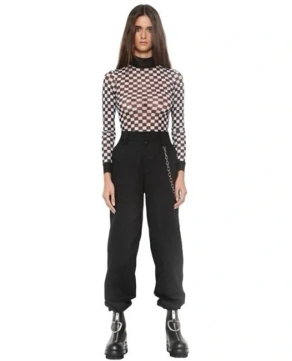 I.AM.GIA Nightrider Black White Checkered Mock Long Sleeve Bodysuit Top Size L